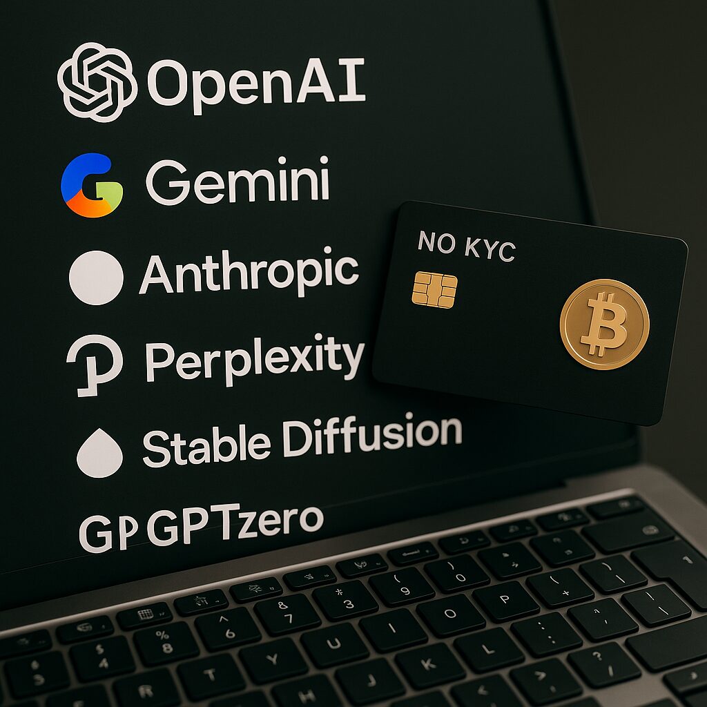 AI logos in front of laptop screen with no kyc card ready for AI crypto payment