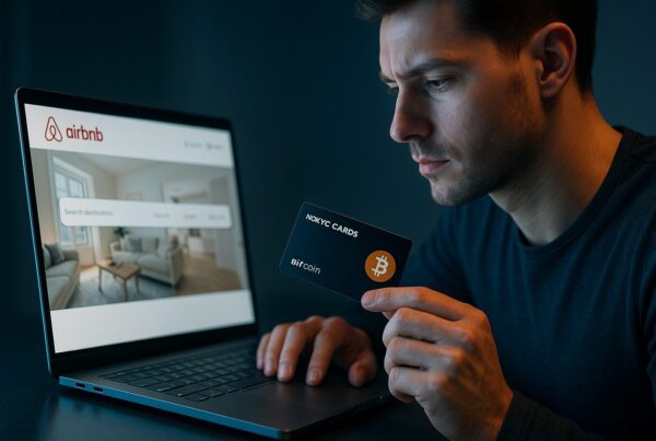 A man booking an Airbnb stay using Bitcoin with a sleek NoKYC.Cards black payment card on his laptop. A realistic, futuristic scene showing how to pay Airbnb with crypto even when it's not directly accepted.