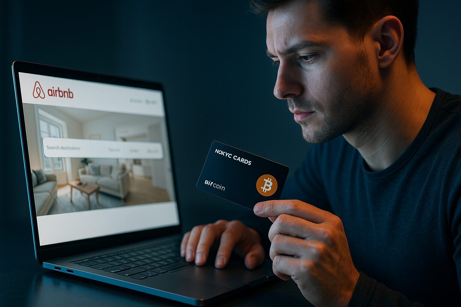 A man booking an Airbnb stay using Bitcoin with a sleek NoKYC.Cards black payment card on his laptop. A realistic, futuristic scene showing how to pay Airbnb with crypto even when it's not directly accepted.