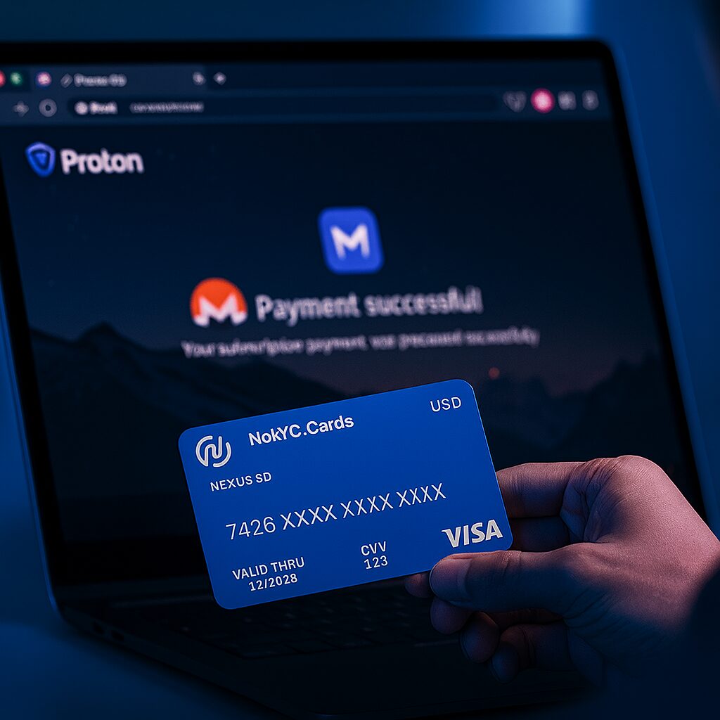 Image showing hand carrying nokyc card the Nexus 3DF type paying Proton with Monero